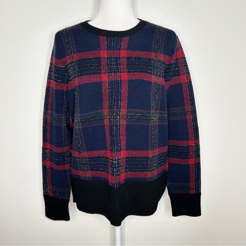Brooks Brothers Womens Navy & Red Plaid Merino Wool Crewneck Sweater Size XL